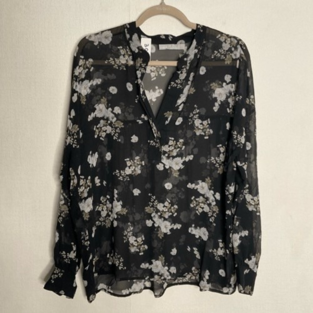 Vince Tossed Floral Sheer Shirred Chiffon Blouse Women SP China 100% Silk